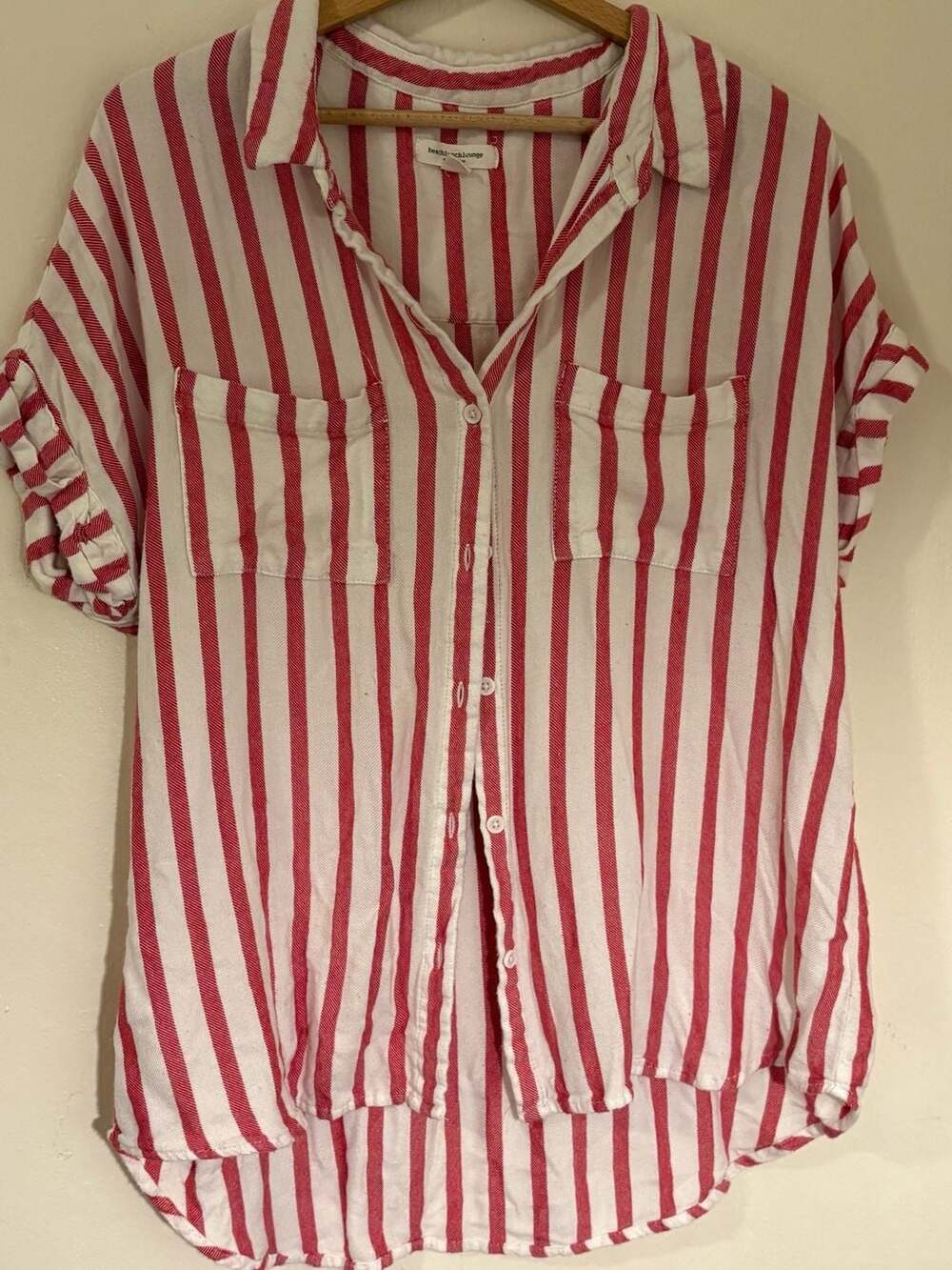 Beach Lunch Lounge Red and White Striped Short Sleeve Button Down Shirt Size XL